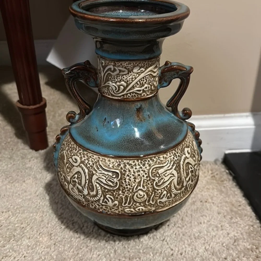 Art Pottery Asian Inspired Drip Glaze Ceramic Handled Vase with Dragon Motif